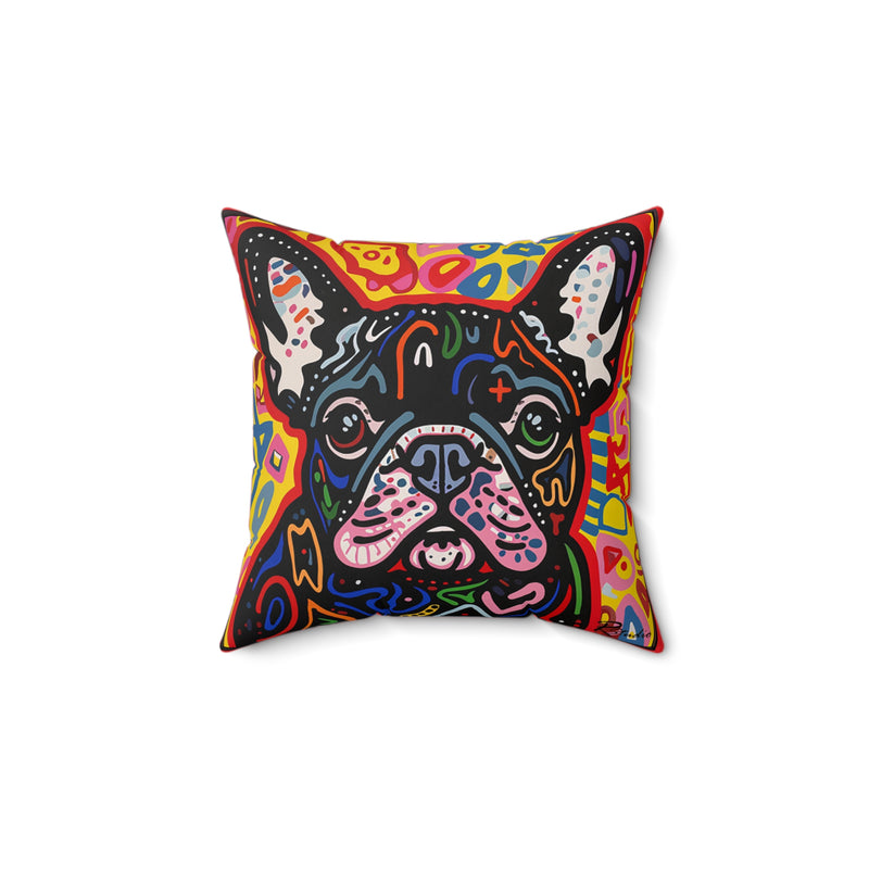 Pop Art Inspired French Bulldog Red and Yellow Faux Suede Square Pillow