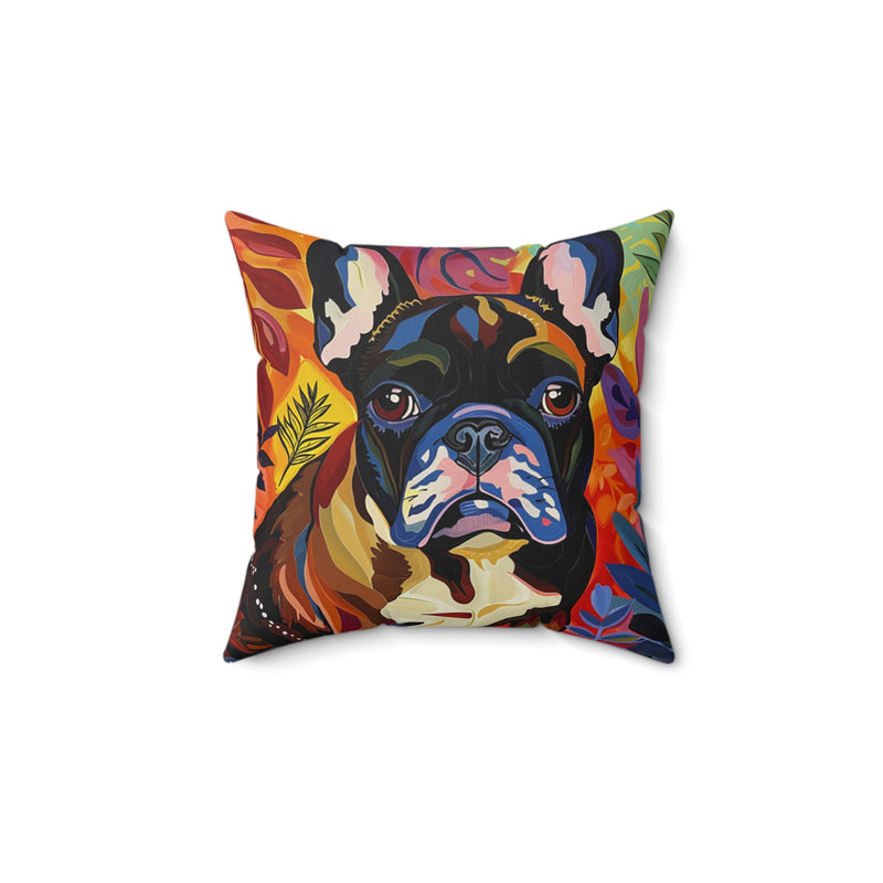 Fine Art Inspired French Bulldog Multi-Color and Orange Faux Suede Square Pillow