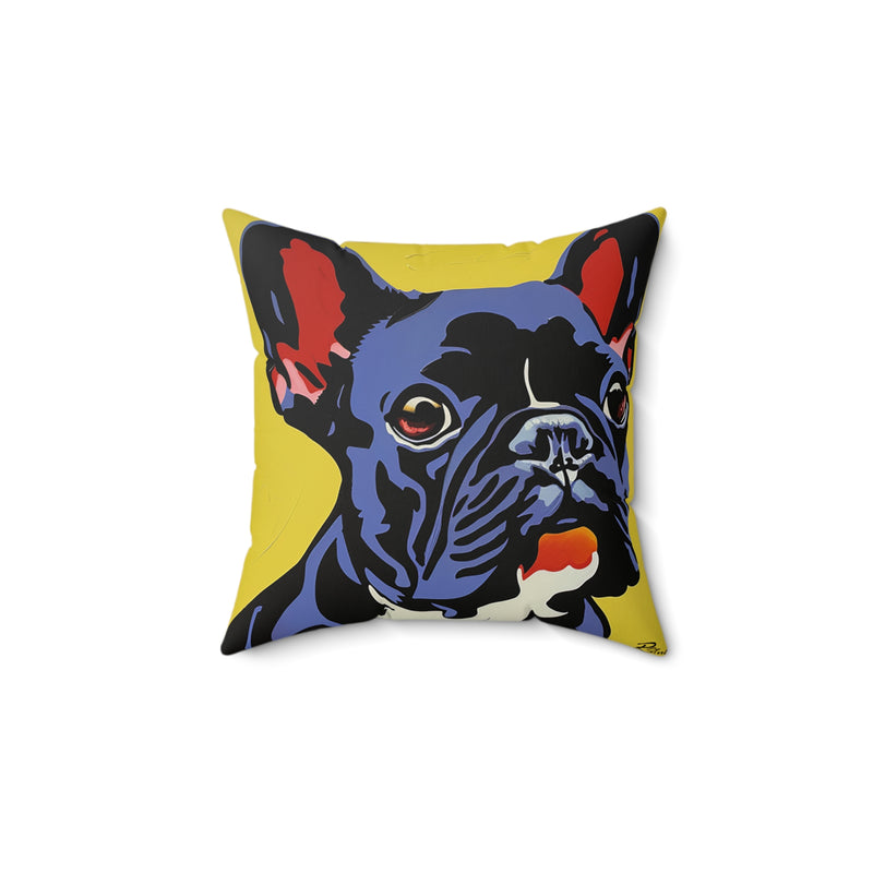 Pop Art Inspired French Bulldog Blue and Yellow Faux Suede Square Pillow