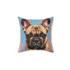 Renaissance Art Inspired French Bulldog Pink and Blue Faux Suede Square Pillow