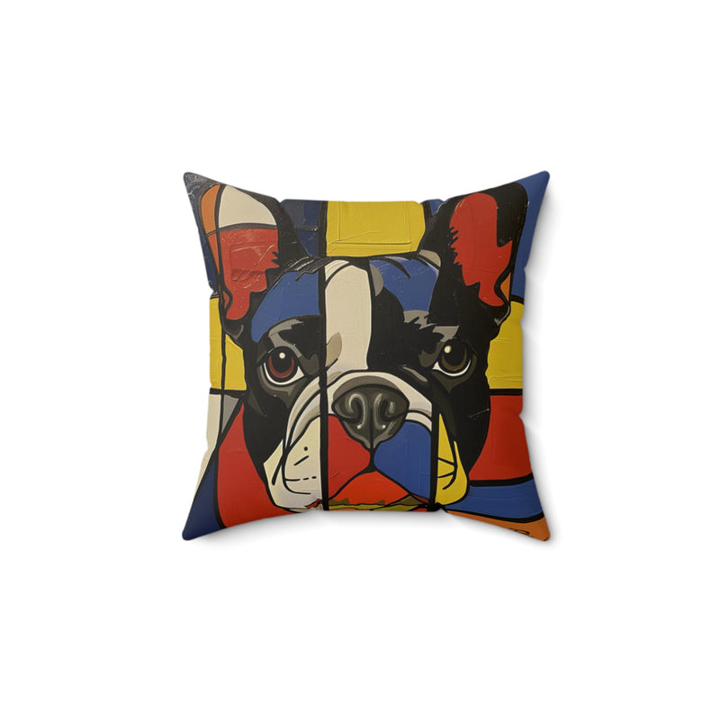 Modern Art Inspired French Bulldog Red Yellow and Blue Faux Suede Square Pillow