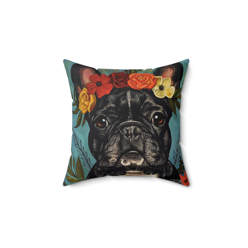 Mexican Art Inspired French Bulldog Blue and Grey Faux Suede Square Pillow