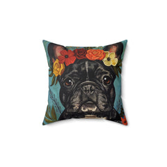 Mexican Art Inspired French Bulldog Blue and Grey Faux Suede Square Pillow