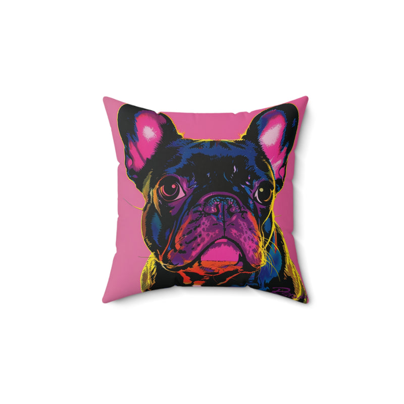 Pop Art Inspired French Bulldog Hot Pink and Purple Faux Suede Square Pillow