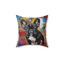 Modern Art Inspired French Bulldog Red Yellow and Blue Faux Suede Square Pillow