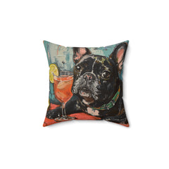 Impressionist Inspired French Bulldog Blue and Orange Faux Suede Square Pillow