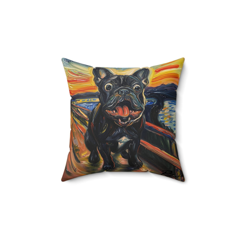 Impressionist Art Inspired French Bulldog Orange and Yellow Faux Suede Square Pillow