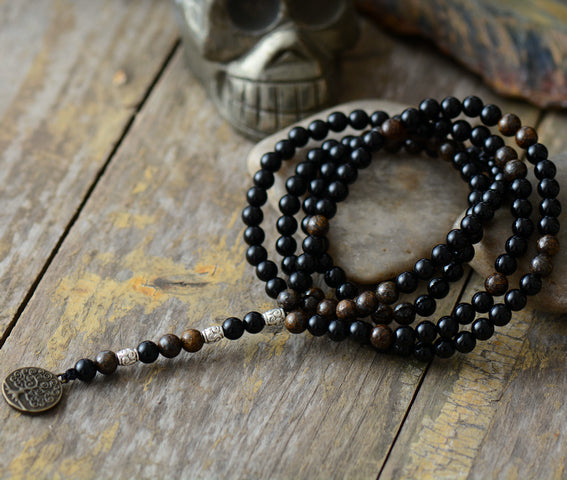 Bronzite Stone Mala Chain Silver Skull Necklace